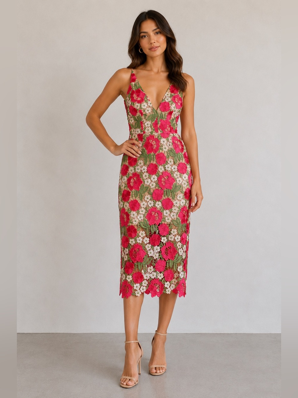 Xscape Floral Embroidered Dress in Hot Pink and Green